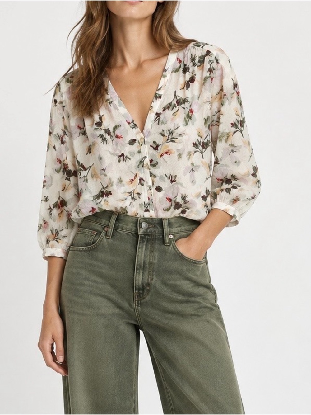 Rebecca Taylor Silk Blend Chiffon Floral V-Neck Button Blouse Size 2